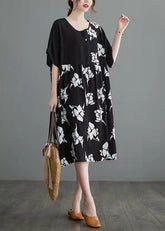 Tops de mezcla de algodón negro de moda Ropa de talla grande Ropa de mezcla de algodón Tops Estampados vintage Cuello redondo Jersey de mezcla de algodón natural